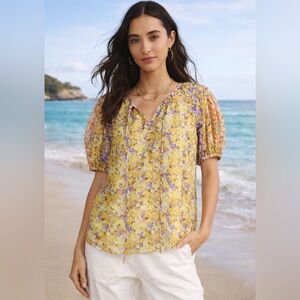 🌼 Current Air Los Angeles from Anthro Floral Peasant Blouse Size L Yellow Purple